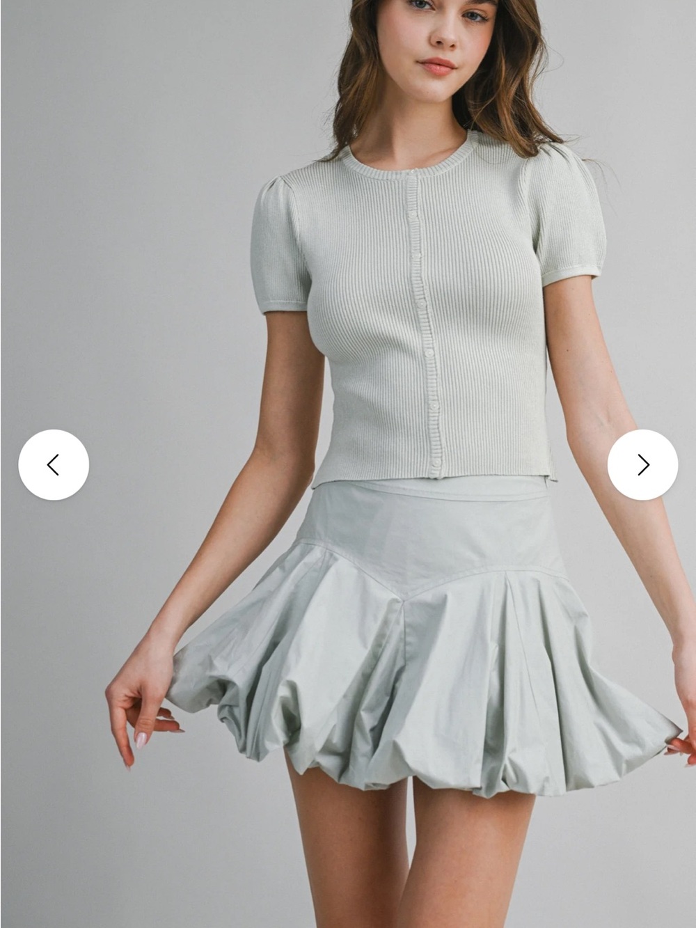 MABLE: Sage Pleated Bubble Hem Skirt Set Ribbed Top